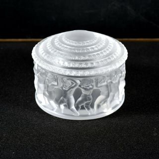 Vintage Signed Lalique France Frosted Crystal Enfantes Round Box With Lid