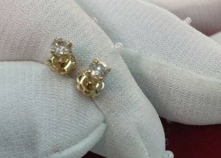 Vtg.  14k Solid Yellow Gold 3 Mm Diamonds Stud Earrings