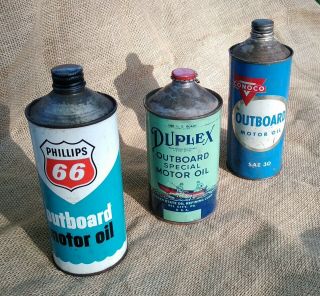 Vintage Outboard Oil Cans (3) ; Conoco,  Phillips 66 And Duplex Brands; Classics