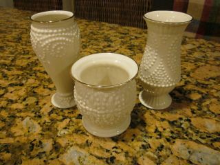 Lenox - Set Of 3 - Ivory Porcelain Hobnail Vases - Gold Trim - 3 - 5 "
