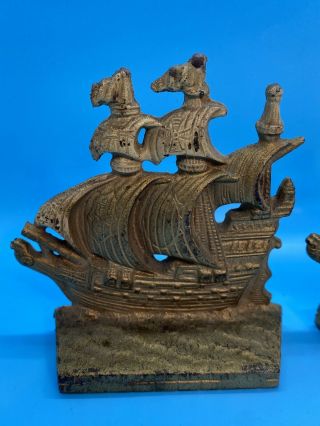 Vintage Nautical Cast Bronze Spanish Galleon Sailing Ship Bookends Circa 1930 2