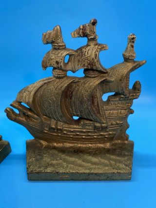 Vintage Nautical Cast Bronze Spanish Galleon Sailing Ship Bookends Circa 1930 3