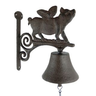 Flying Pig Dinner Bell Cast Iron Wall Mount Antique Style Rustic Finish Scrolls