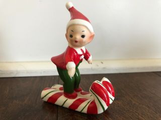Vintage Josef Originals Christmas Elf Pixie Skiing On Candy Canes