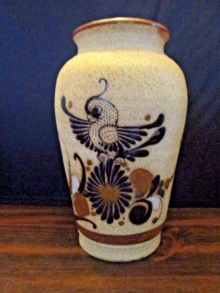 Mexico Clay Pottery Vase With Bird And Flowers 8 " Tall