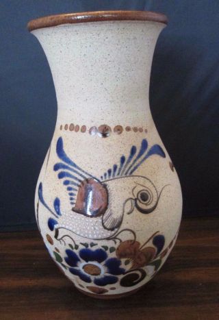 Jc Mexico Clay Pottery Vase With Bird And Flowers 8 " Tall