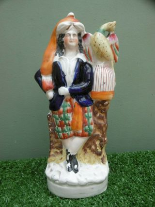 Antique 19thc Staffordshire Pottery Male Figure With Parrot On Bird Cagec.  1870