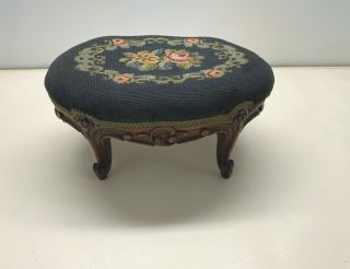 Early 1900 Antique Needlepoint Mahogany Carved Foot Stool