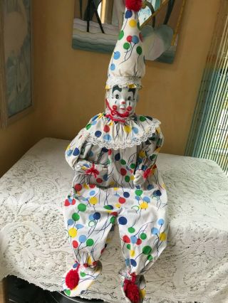 Vintage Hand Made Wood Block Shelf Sitter Clown Doll 28 " Porcelain Head & Hands