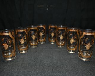Immaculate Set Of 8 Vintage Fred Press Black Trojan Horse Collins Glasses
