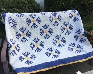 Vintage Scrappy Cross Fan Quilt Yellow Blue White Patchwork Handmade 84” X 84”