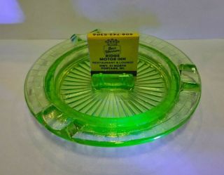 Vintage Green Uranium Glass Ashtray - Round With Small Square Embossing 4 Rests