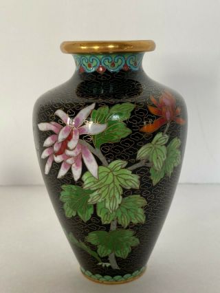 Vtg Chinese Jingfa Cloisonne 5 " Vase Brass Enamel Pink Orange Floral Black Gold