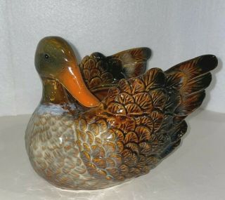 Vintage Duck Planter Mallard Ceramic Pottery Glazed Deep Brown Green Maroon