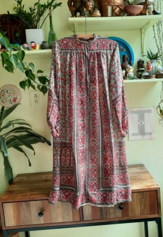 Vtg 70s Judith Ann Heiser Egan Pure Silk India Long Dress Sz L Block Print