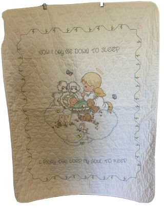 Vintage Precious Moments Baby Blanket Quilt Hand Cross Stitched Wall Hanging