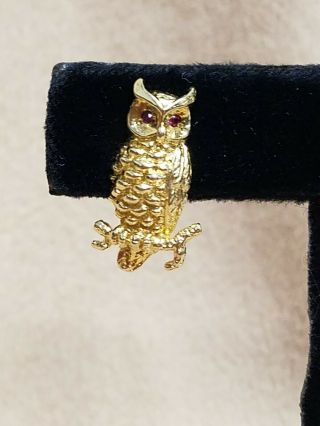 Estate Vintage 14k Yellow Gold Owl Pin With Ruby Eyes