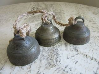 String Of 3 Etched Brass Bells Of Sarna.  Made In India