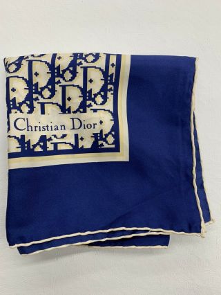 Vintage Christian Dior Trotter Logo Silk Scarf Blue Yellow White -
