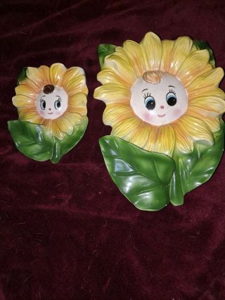 Vintage Sunflower Smiling Face Wall Pocket Planter With Smaller Flower