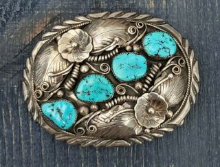 Native American Navajo Vintage Old Pawn Turquoise Belt Buckle Signed Fred James