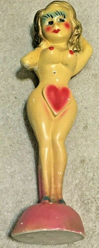 Vintage Carnival Fair Prize Chalkware Nude Naked Pin - Up Standing Girl,  Heart