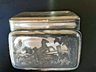 Antique Silver Plate Hinged Snuff Box Tobacco Case Etching Stallion Horse