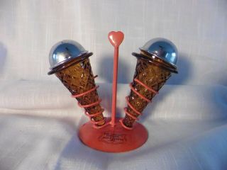 Vintage Salt & Pepper Shakers Ice Cream Cones Amber Glass And Metal Caddy Stand
