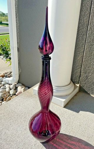 Vtg Empoli ? Purple Amethyst Glass Genie Bottle Swirled Decanter Mcm 28 "