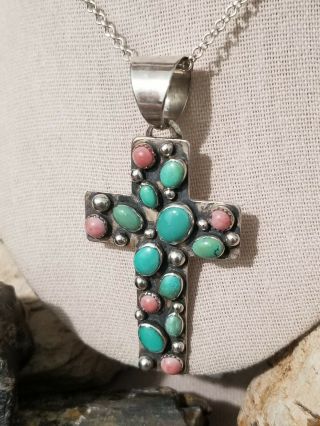Vintage Chimney Butte Sterling Silver Turquoise Coral Cross Pendant Necklace.