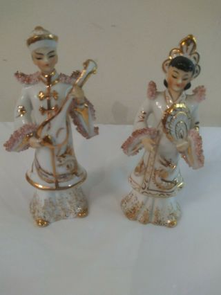 Porcelain Couple Oriental With Instrument White With Gold Accents 5.  5 " Tall Ea.