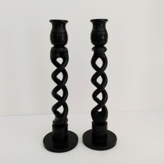 Vintage African Ebony Wood Hand Carved Candlestick Holder 10 1/2 " Tall.