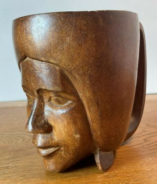 Vintage Hand - Carved Primitive Wooden Wood Tribal Tiki Woman Head Face Mug Cup