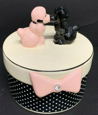 Pretty Star Point Kissing Poodles Black Pink Polka Dots Trinket Box Ceramic 3 "