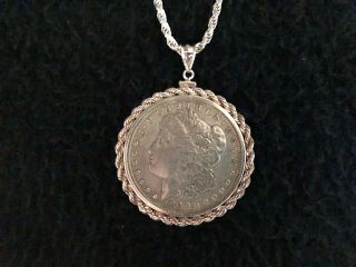 Vintage 1900 Morgan Silver Dollar Coin Necklace Pendant 925 Sterling Rope Chain