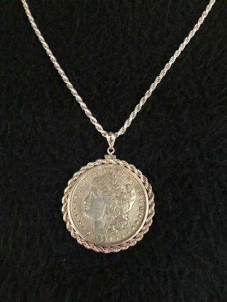 Vintage 1900 Morgan Silver Dollar Coin Necklace Pendant 925 Sterling Rope Chain 2
