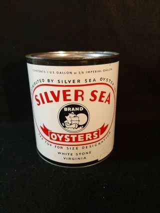 Vintage Silver Sea Brand Oysters Gallon Seafood Tin Can White Stone Virginia
