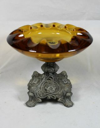 Vintage Amber Glass 12 Cigar Ashtray With Metal Footed Pedestal
