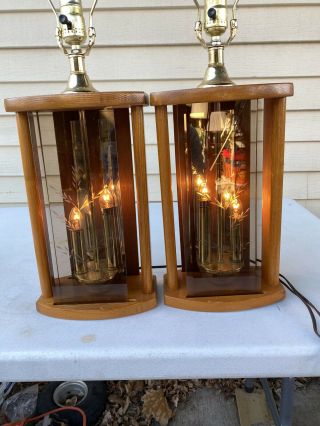Pair Vintage Oak Brass Smoked Etched Beveled Glass Table Lamps Candle Base Light