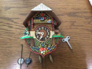 Small 6 " Vintage Decorated Wood Wind - Up German Cuckoo Clock With Key And Box
