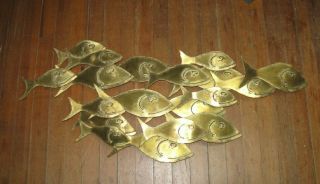 Vintage Brass School Of Piranha Fish Wall Sculpture,  Signed Art,  Large 40 " Long