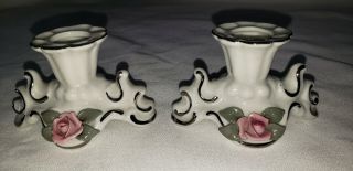 Dekor Dresden Porcelain Pink Rose Candle Stick Holder Silver Trim Pair Vintage