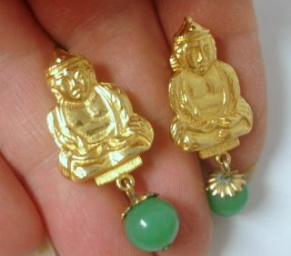 Vintage Chinese Buddha Jade Peking Glass Gold Plate Dangle Clip On Earrings Rare