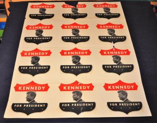 Vintage 1960 President John Kennedy Uncut Sheet Of Window Stickers Decals Jfk