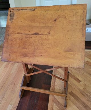 Vintage Oak Industrial Drafting Work Table Tilting Top & Adjustable Height