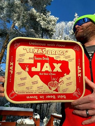 Vintage Early Jax Beer Jackson Brewing Co.  Metal Texas Brags Tray Sign W/ State 3