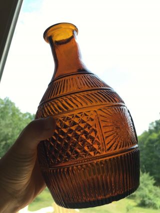 Antique 1830s Boston & Sandwich Blown Mold Glass Decanter Bottle Amber