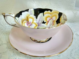 Gorgeous Vintage Pink And Black Paragon Teacup & Saucer Large Yellow Pansies