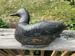 Antique Primitive Hand Carved Wooden Painted Black Duck Decoy With Painted Eyes