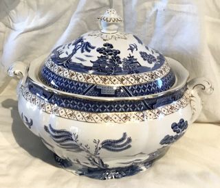 Vintage Booths Real Old Willow Huge Gorgeous Soup Tureen A8025 Gold Trim Vguc